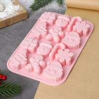 Форма силиконовая для выпечки Доляна "Новогодние подарки", 20х12,7х1,7 см, 14 ячеек, цвет розовый