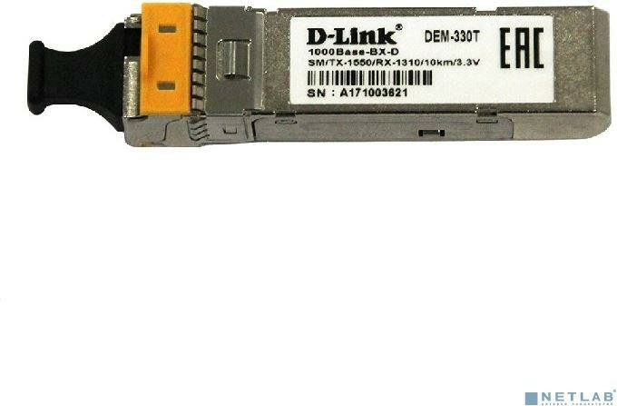 (D-LINK SMB D-Link 330T/3KM/A1A WDM SFP-трансивер с 1 портом 1000Base-BX-D (Tx:1550 нм, Rx:1310 нм) для одномодового оптического кабеля (до 3 км, разъе)