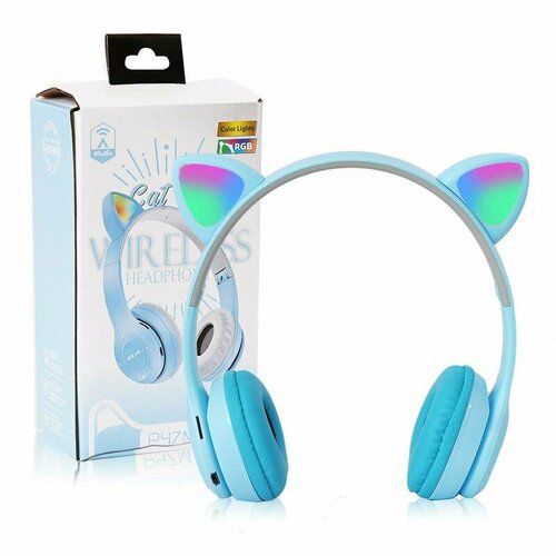 Наушники детские CAT EAR беспроводные со светящимися ушками, Cat Ear P47M, синий беспроводные наушники cat ear p33m со светящимися ушками и лапками чёрный