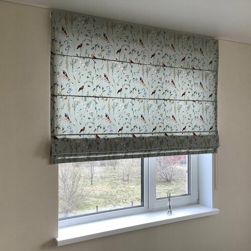 Римская штора Птички на лужайке на зеленом фоне/ ширина 190/ высота 200 см