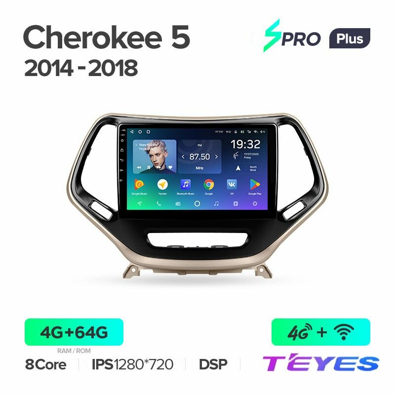 Магнитола Jeep Cherokee 5 KL 2014-2018 Teyes SPRO+ 4/64GB, штатная магнитола, 8-ми ядерный процессор, IPS экран, DSP, 4G, Wi-Fi, 2 DIN