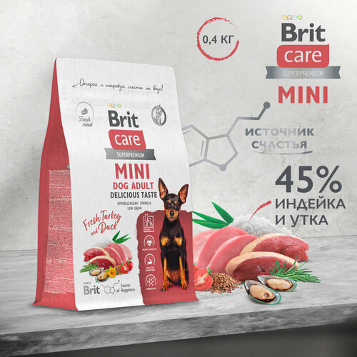 BRIT CARE Mini, Сухой корм с инд. и уткой для вз. соб. мин. пор,Adult. Delicious Taste,0.4кг blitz holistic low grain adult fresh duck низкозерновой для взрослых собак всех пород с уткой 1 5 1 5 кг