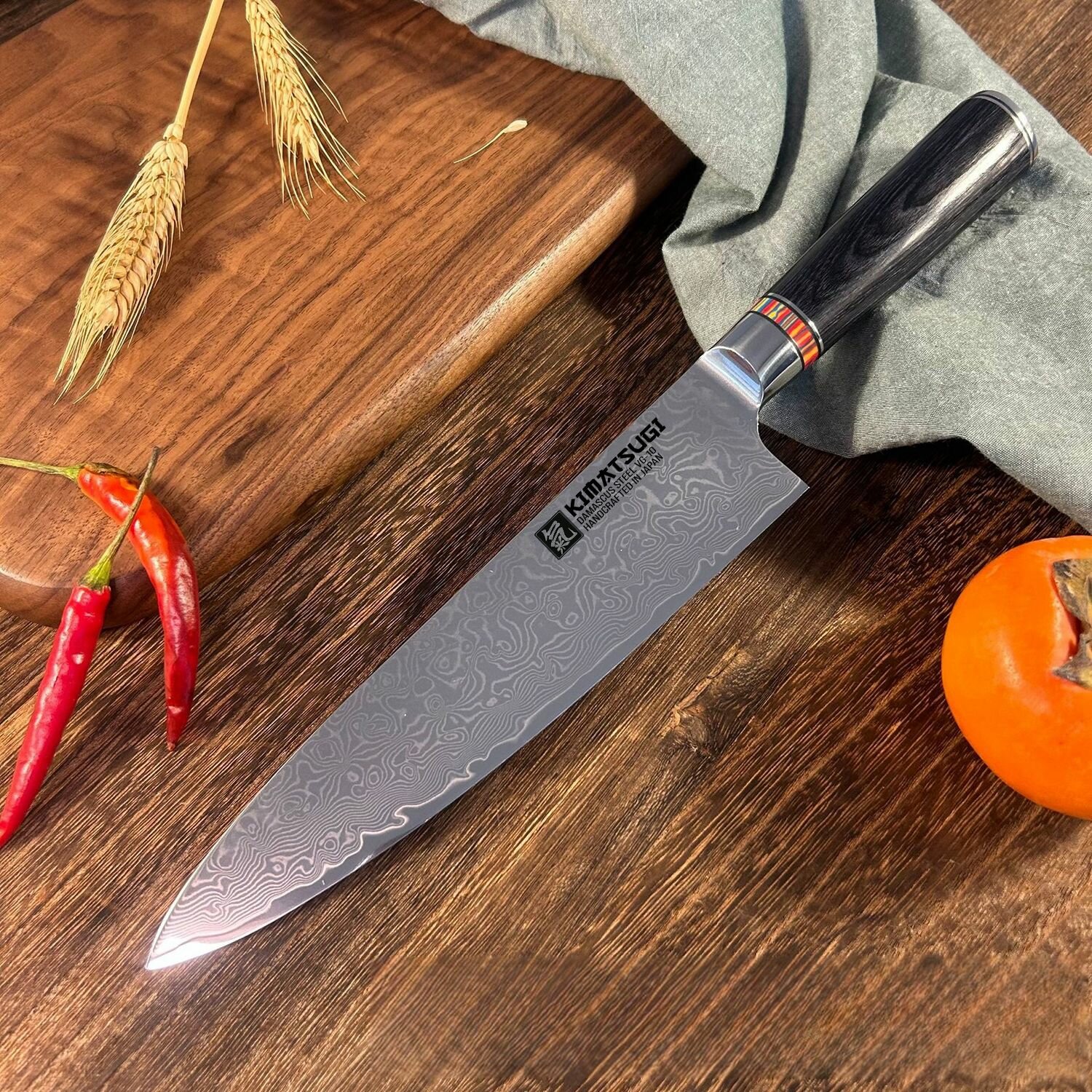 Kimatsugi / Японский кухонный поварской шеф-нож Damascus #119. Настоящая дамасская сталь 67 слоев. VG-10 в обкладках. В подарочной коробке