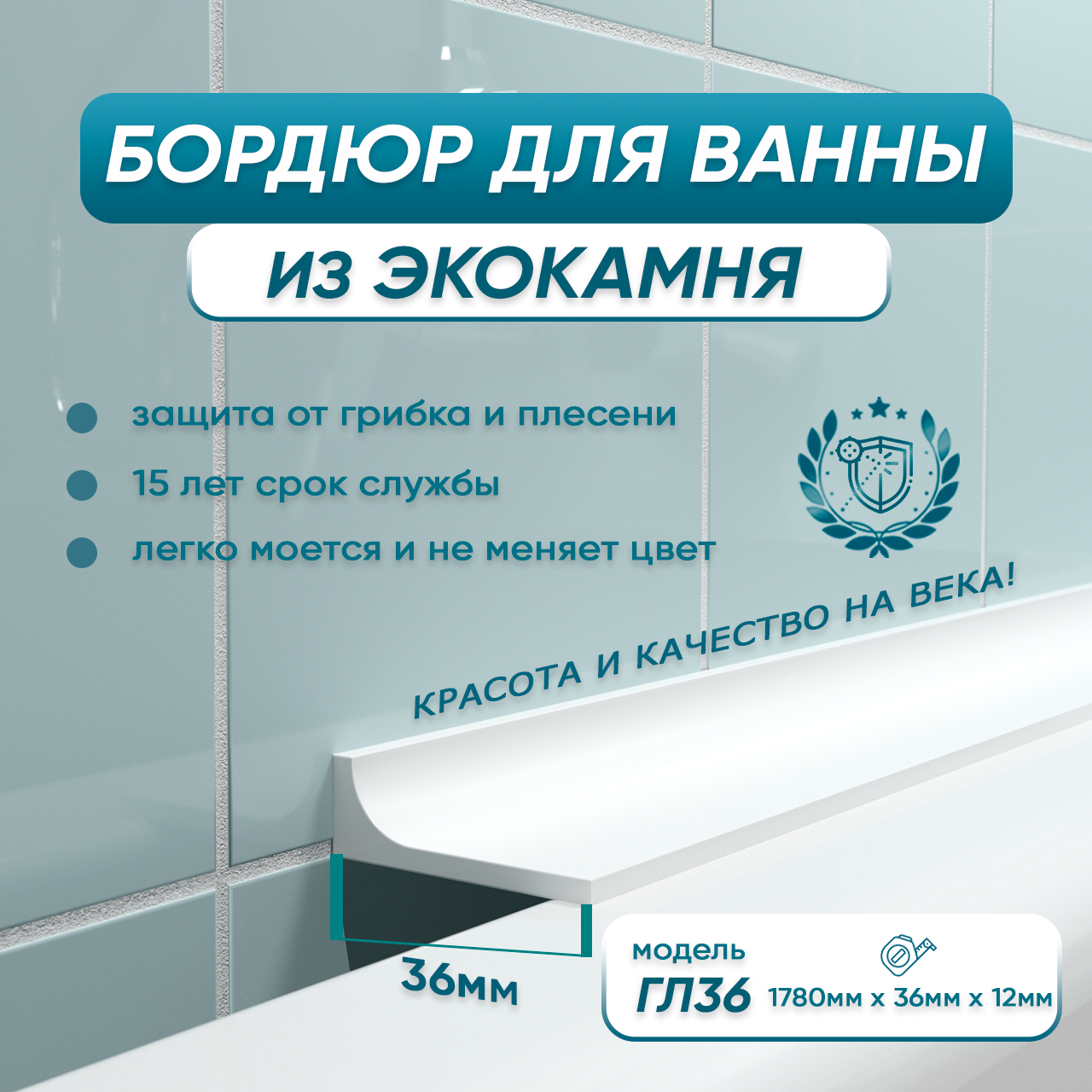 Акриловый плинтус бордюр для ванной BNV ГЛ36 180 сантиметров, белый цвет, BNV глянцевая поверхность