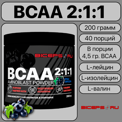 BCAA 2:1:1 черная смородина порошок/ спортивное питание/ аминокислоты для восстановления, набора мышечной массы и выносливости/ 200 гр.