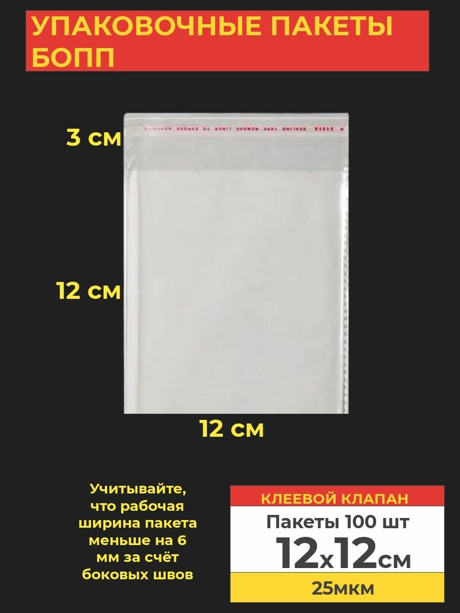 Упаковочные бопп пакеты с клеевым клапаном, 12*12 см,100 шт.
