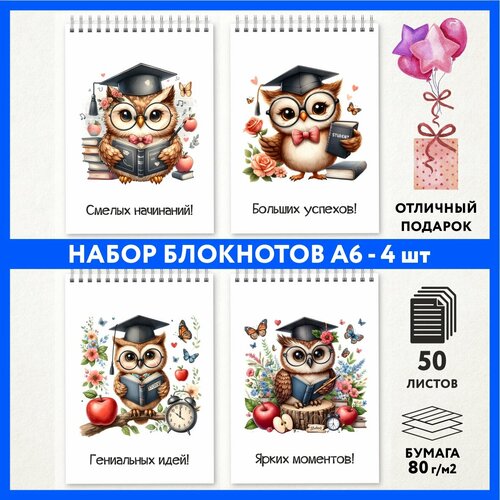 Набор блокнотов А6 - 4 шт подарок выпускнику детского сада на 1 сентября и День Рождения Школьная сова 333 - 1 notepad_school_owls_333_A6_set_1 699₽