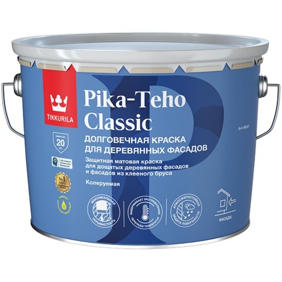 Краска для деревянных фасадов Tikkurila Pika-Teho Classic, матовая, база А, белая, 9 л