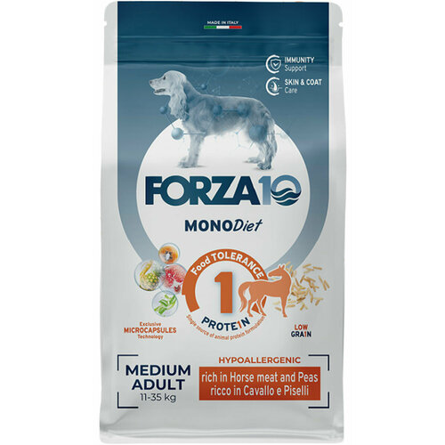 FORZA10 DOG MEDIUM MONODIET LOW GRAIN монобелковый низкозерновой для взрослых собак средних пород при аллергии с кониной и горохом (12 кг)
