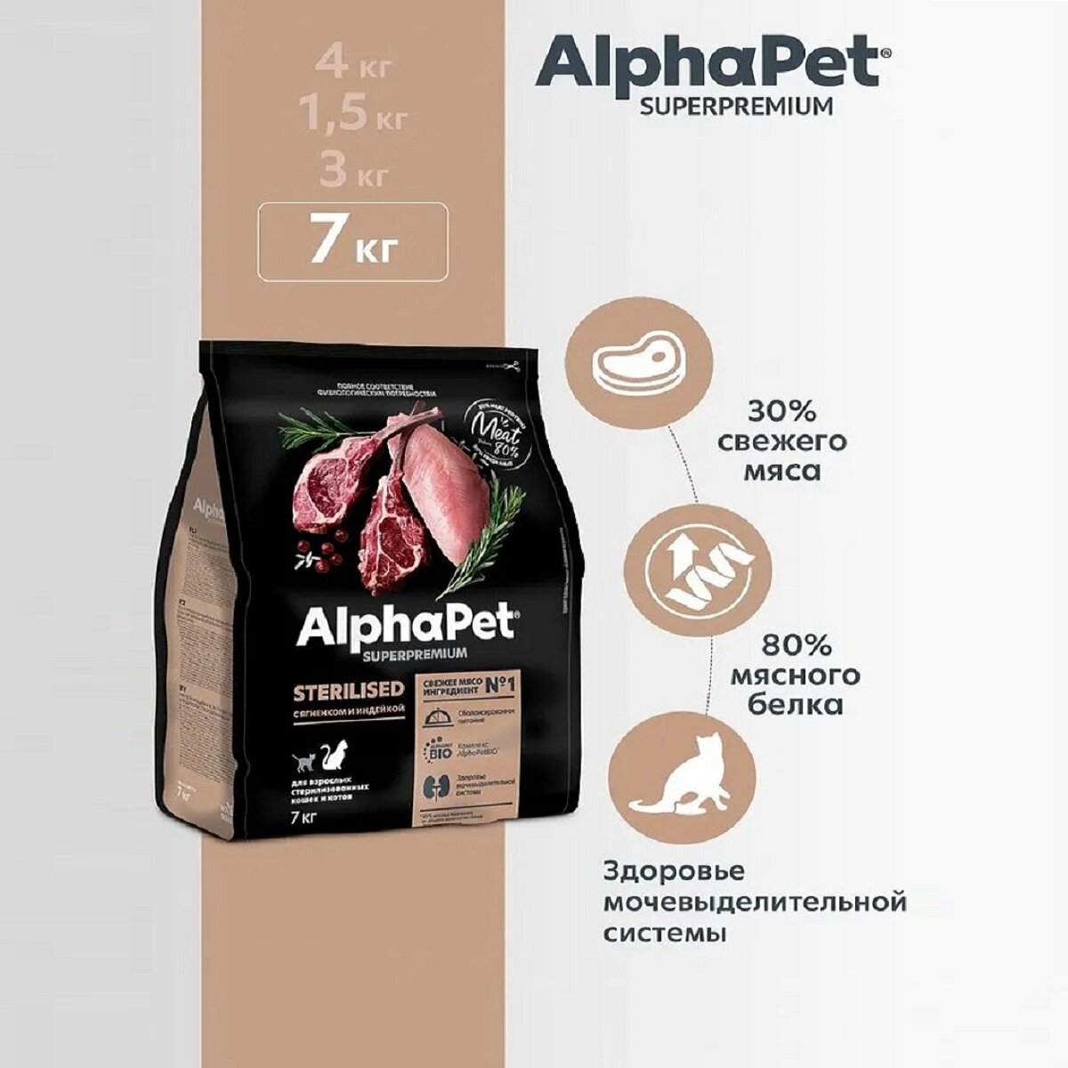 ALPHAPET SUPERPREMIUM корм сухой для стерилизованных кошек и котов с Ягненком и индейкой 7кг