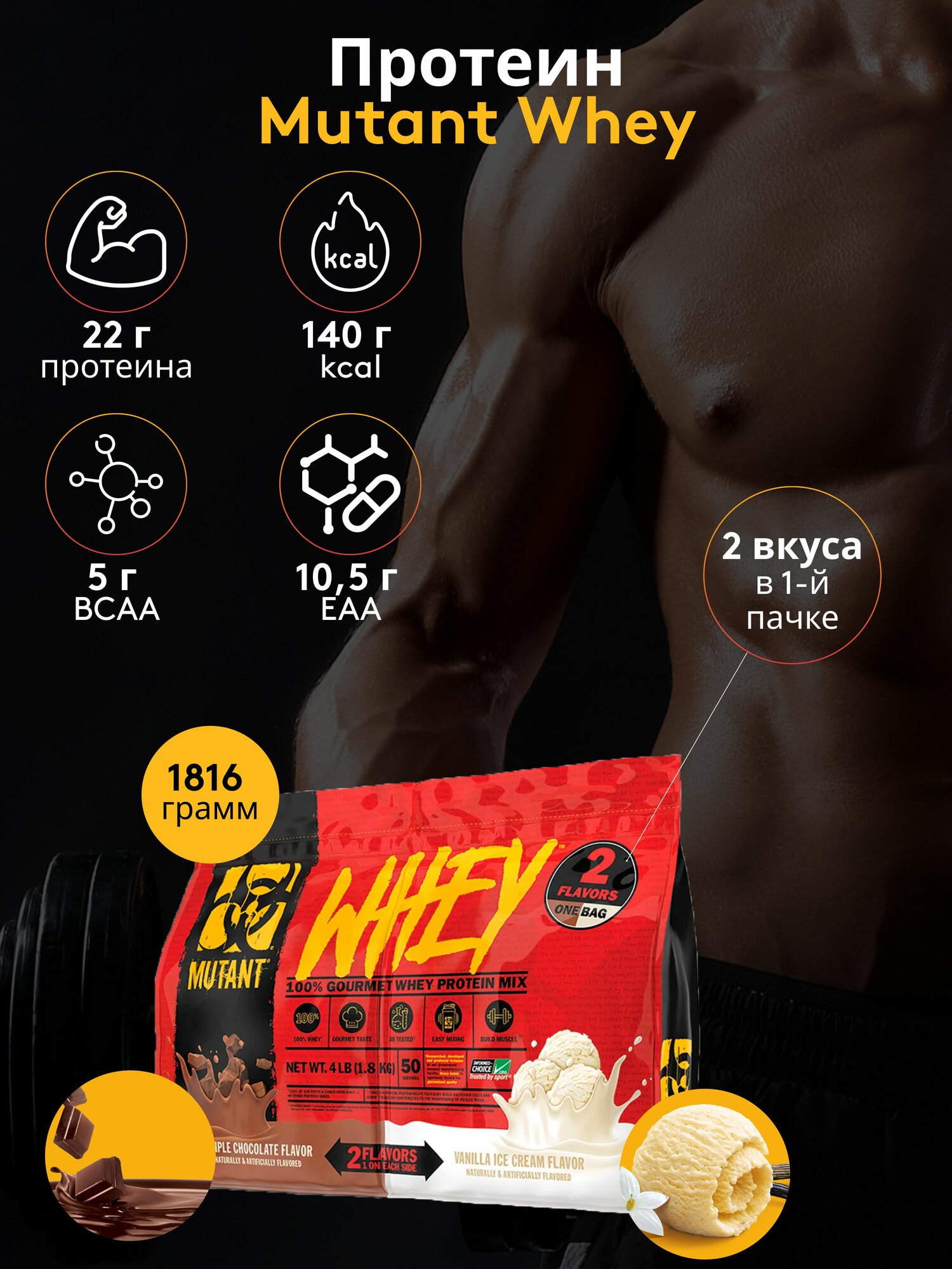 Сывороточный протеин Mutant Whey 1816 гр Тройной шоколад и Ванильное мороженое