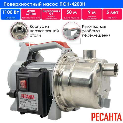 Поверхностный Насос Ресанта ПСН-4200H, нерж. сталь, пропускная способность 4,2 м³/час серый