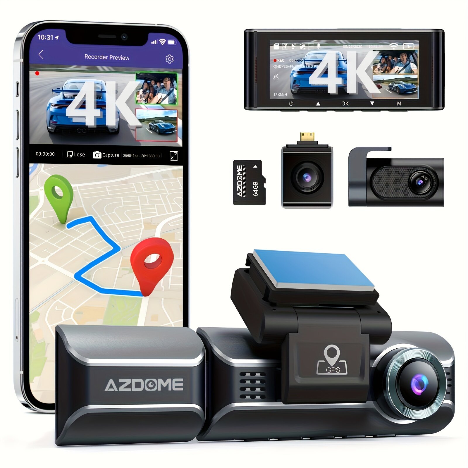 AZDOME M550 Pro 4K UHD Three-Channel Dash Cam, Front And Rear Inside 2K+1080P+1080P, 3.19" IPS Screen, Super Night Vision, Built-in 5G WiFi And GPS, 64G Card Included, Rear Camera Mirror Flip Function, 24H Parking Mode