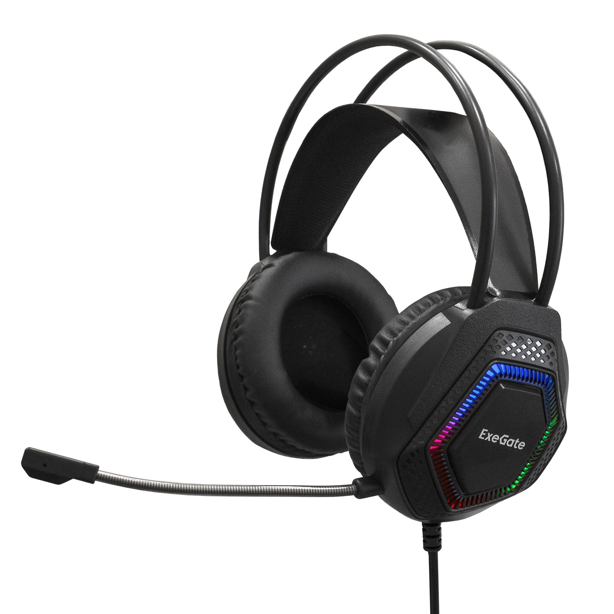 Полноразмерные игровые наушники с микрофоном (гарнитура) ExeGate Cosmos HS-704GL (регулировка оголовья, гибкий дежатель микрофона, объемный звук 7.1, длина кабеля 2.5м, динамик 50мм, 20-20000Гц, RGB подсветка, USB интерфейс, Color Box) EX289747RUS