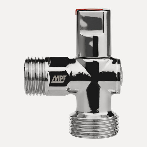 Изображение товара Кран шаровой угловой для бытовой техники 1/2" х 3/4" н/н (ручка сверху) хром-polish. латунь, ГОСТ, MPF