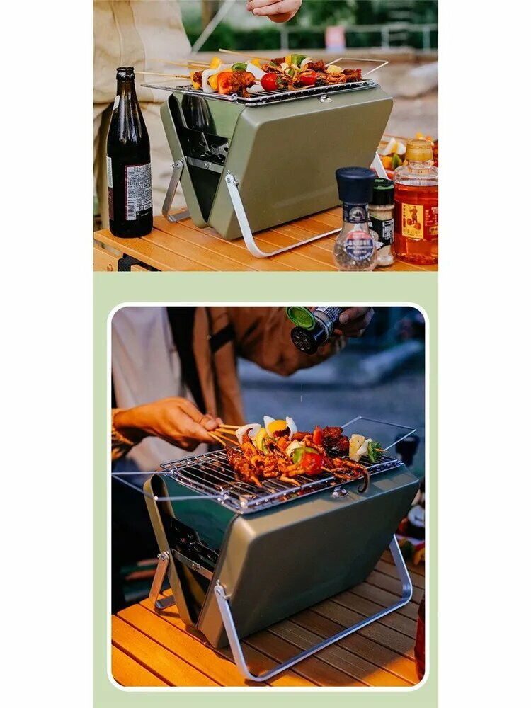 Барбекю-гриль сталь оливковый переносной съемный противень и поднос