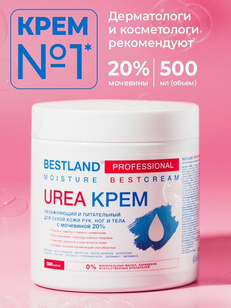 Крем для ног, рук и тела Bestland, увлажнение и питание для сухой кожи с мочевиной 20%, 500мл