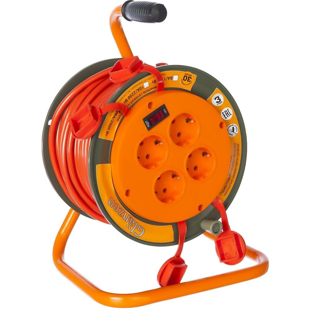 Силовой удлинитель на катушке GLANZEN 4 гн. 30 м ПВС 3x1,5 IP44 EB-30-008 00012295
