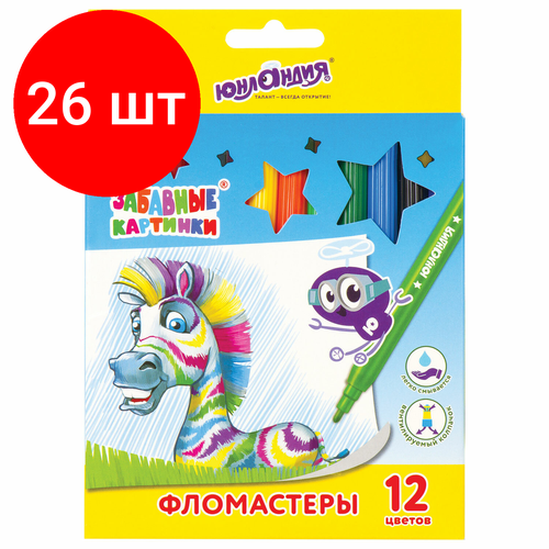 Комплект 26 шт, Фломастеры юнландия 12 цветов, забавные картинки, вентилируемый колпачок, картон, 151678