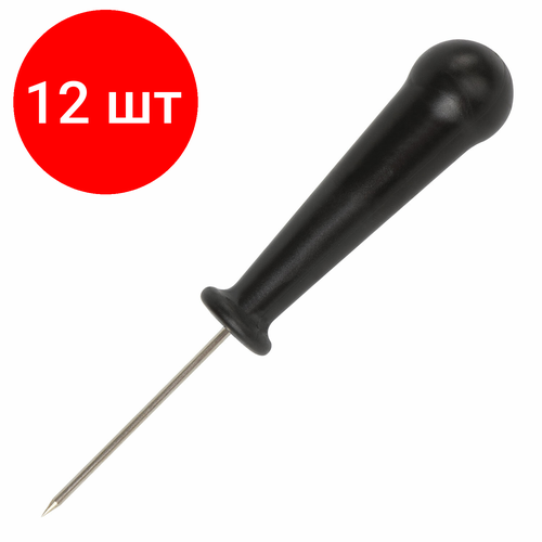 Комплект 12 шт, Шило канцелярское малое STAFF, общая длина 130 мм, диаметр иглы 2 мм, ручка черная, 237175
