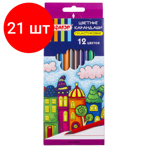 Комплект 21 шт, Карандаши цветные пифагор сказочный город, 12 цветов, черный пластик, заточенные, 181583