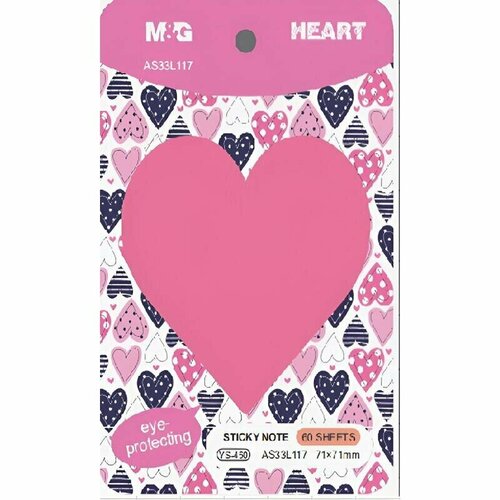 Стикеры фигурные M&G Heart 71x68 мм розовые 1 блок на 60 листов, 1784577