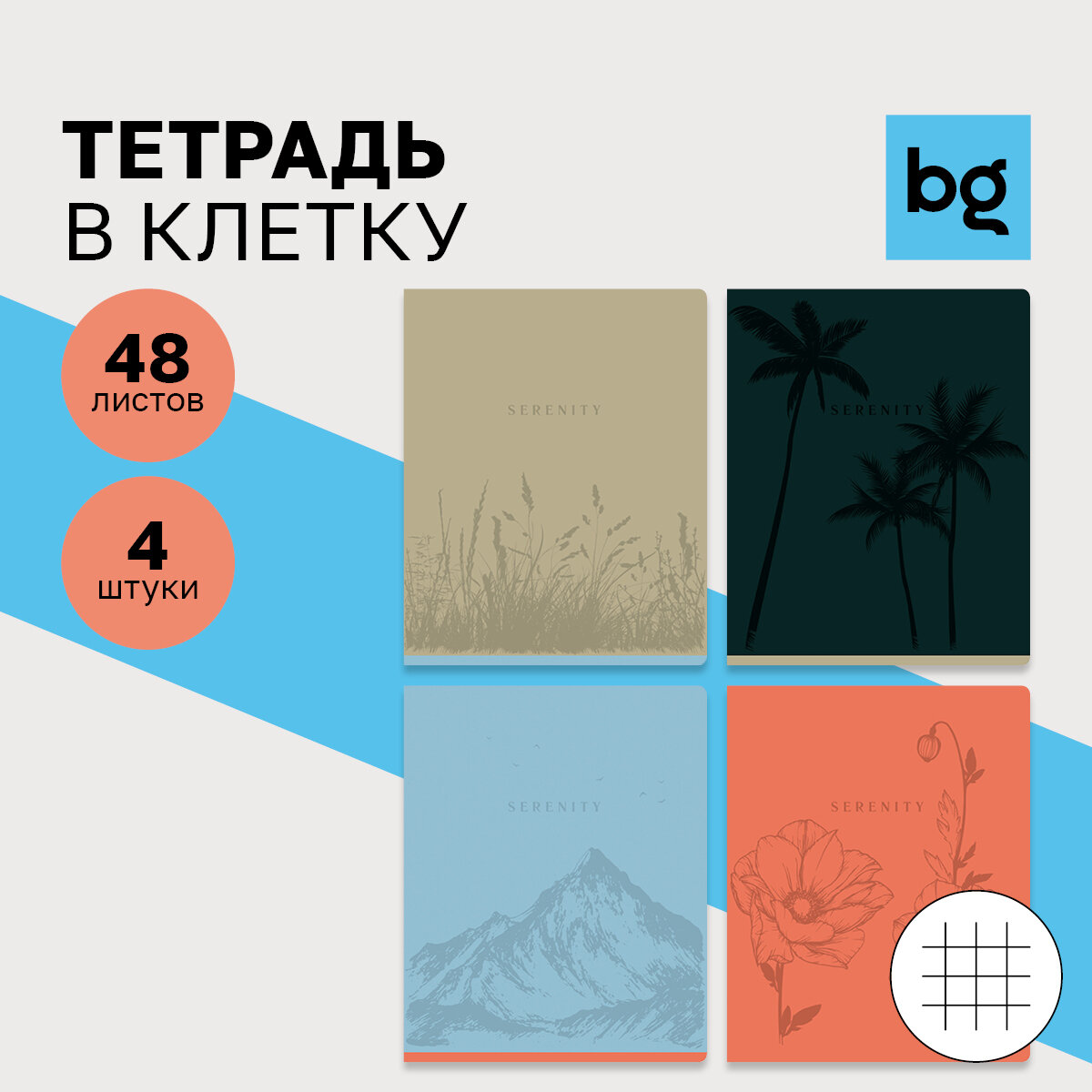 Тетради BG в клетку набор 4 штуки по 48 листов с полями, школьные с картонной обложкой, толстые на скрепке, с рисунком и надписью