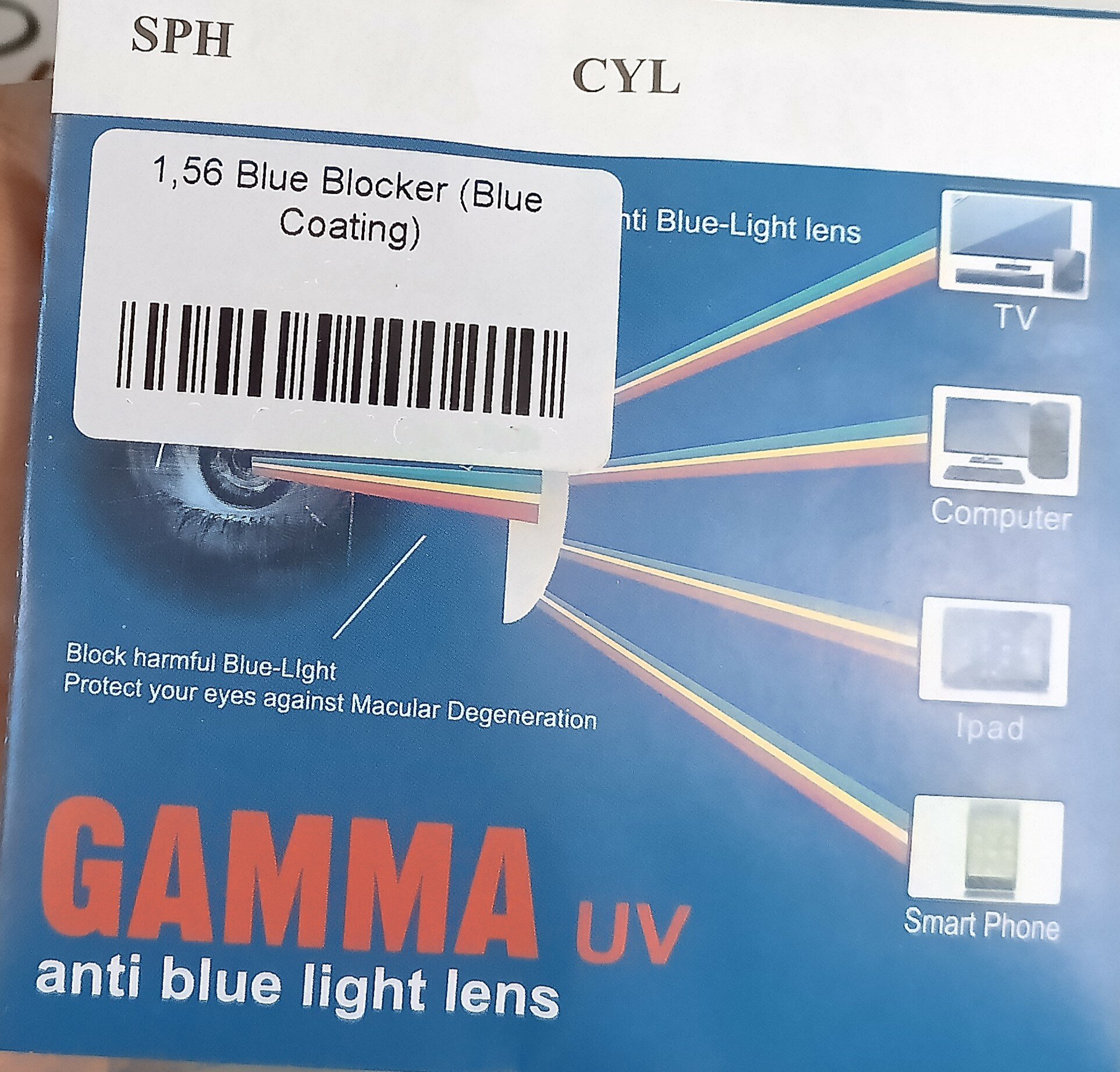 Линза "Blue Blocker Gamma 1,56" для защиты глаз за компьютером -2,25