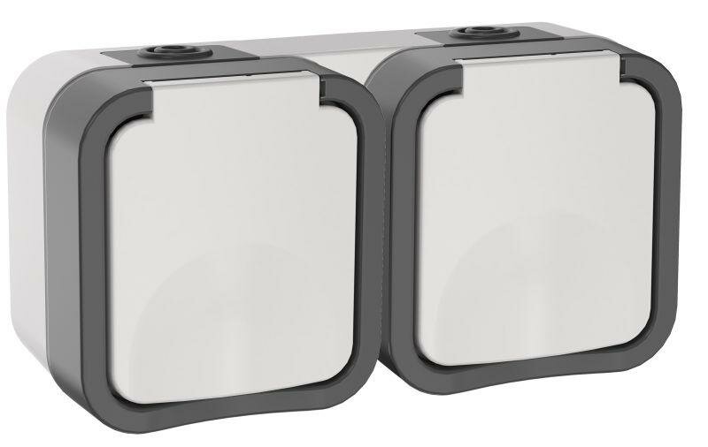 фото Розетка 2-м ОП TORS 16А IP55 TS222 горизонт. с заземл. с крышкой бел. IEK TS-R26-16-55-G-K41