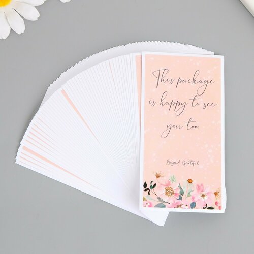 Наклейка бумага благодарность Розовые цветы набор 50 шт 10х5 см