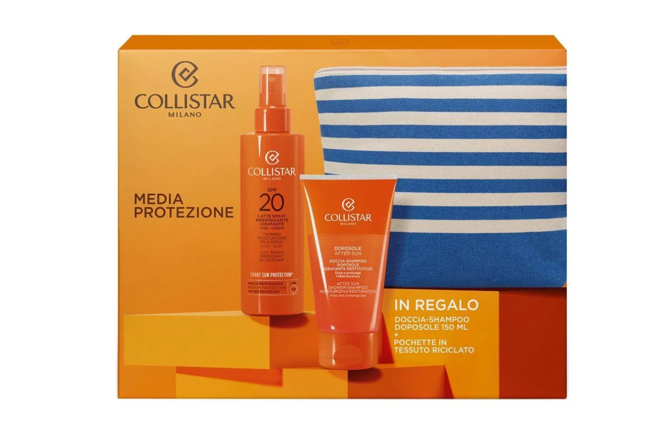 Collistar - набор для суперзагара tanning moisturizing milk spray spf20 200 ml + after-sun shower shampoo 150 ml + сумочка
