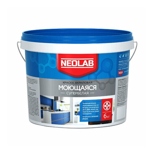 NEOLAB Моющая Супербелая Акриловая Краска, 6 кг краска element i 4 акриловая для стен и потолков моющаяся супербелая 2л