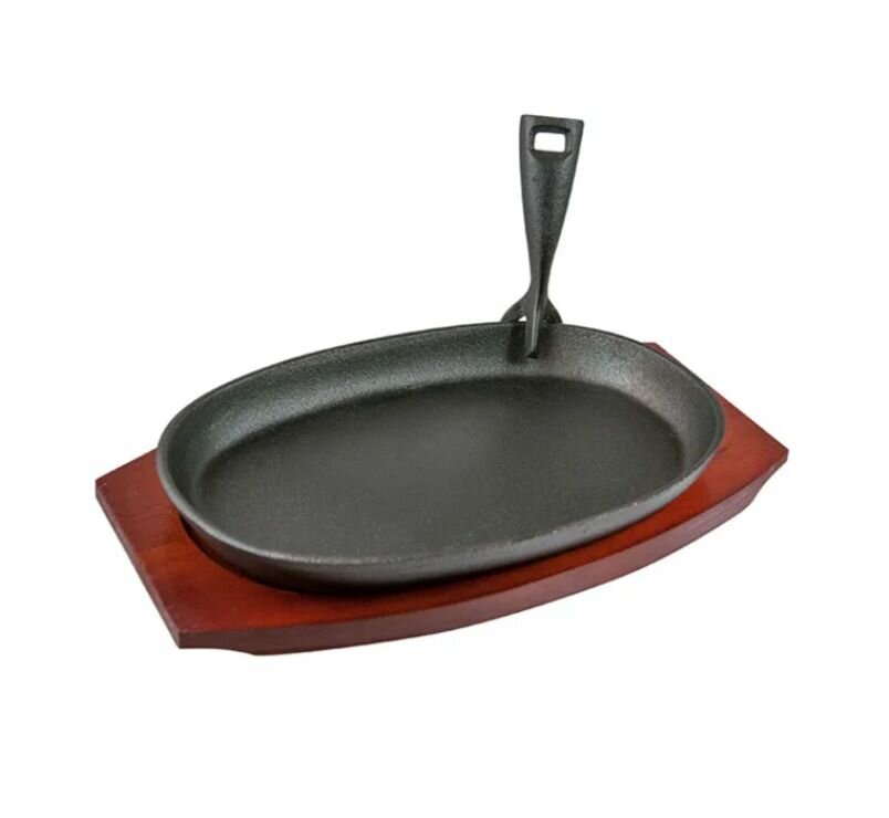 фото Сковорода порционная на деревянной подставке чугунная овальная "ProHotel" L-27,5см черная с чапельником к