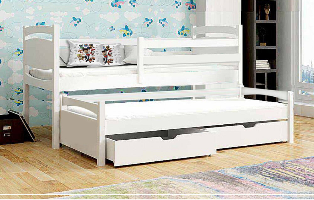 Кровать для 2-х детей выкатная софия 80х190 белая из массива, с ящиками, ортопедическое дно, (без матраса)