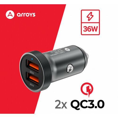 Автомобильное зарядное устройство Arroys CR-3, USB-A, 36W, 3A, черный