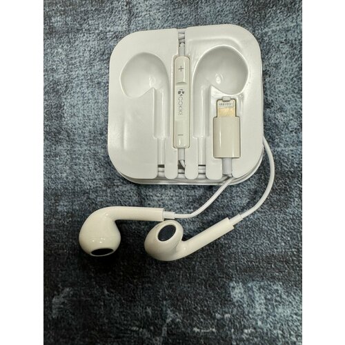 Проводные наушники капельки с микрофоном и переключателем песен Cokike G12 116 Дцб 130см 32 Ом белый разъем Lightning для старых Айфонов MyPads 588₽