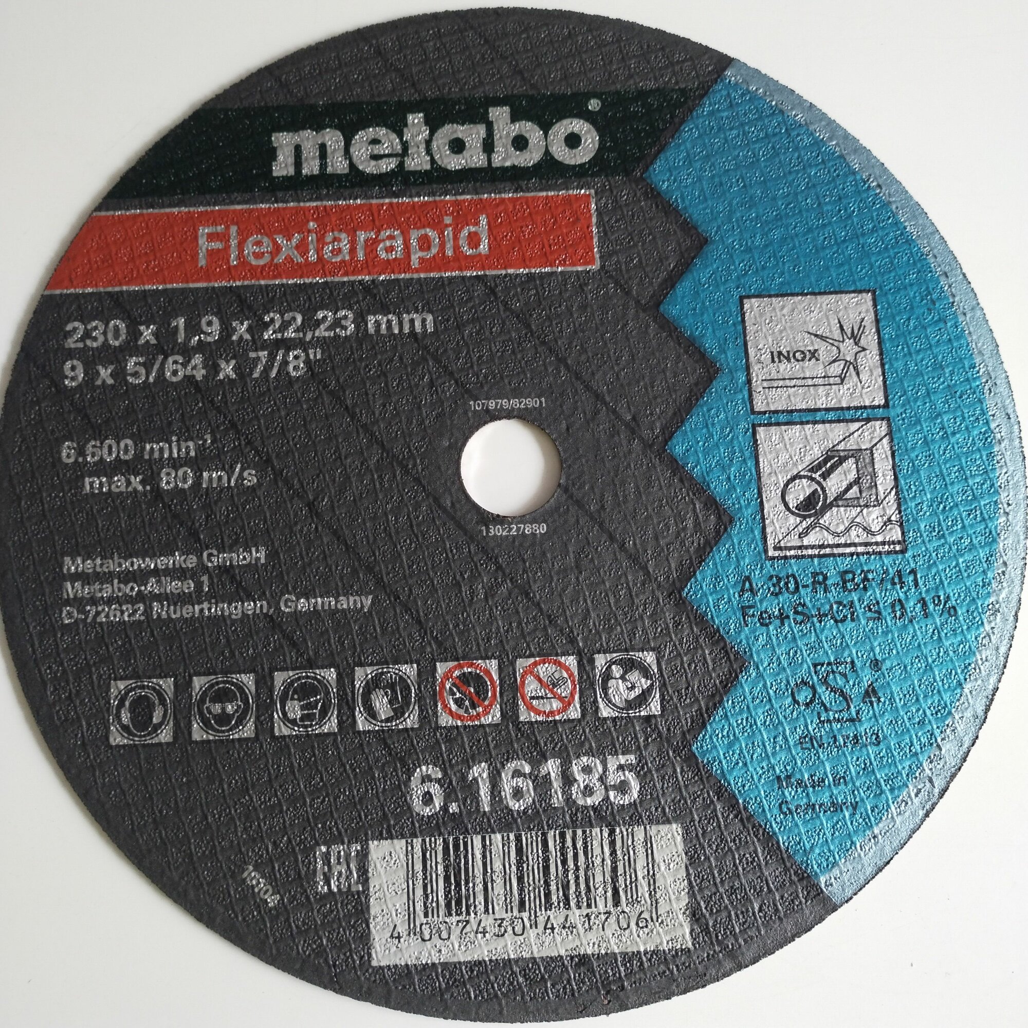 Круг/диск отрезной по нержавеющей стали FLEXIARAPID 230X1,9X22,23, INOX, TF 41 (616185000)