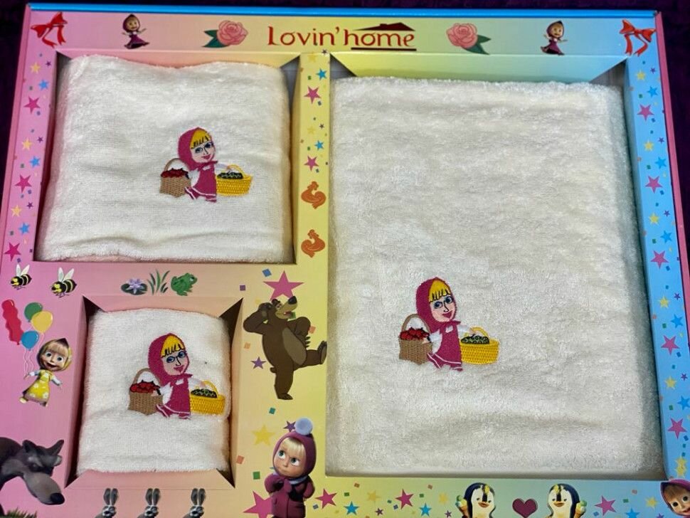 фото Набор детских полотенец LOVIN HOME маша И медведь корзины 30х50 (1шт), 50х90 (1шт), 70х140 (1шт)