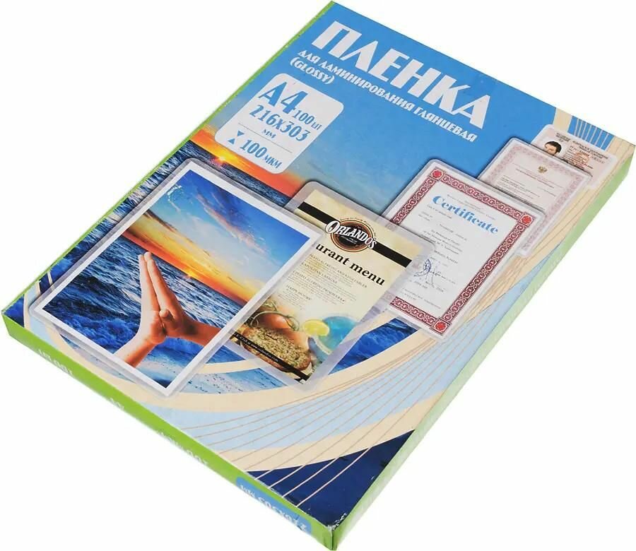 Плёнка OFFICE KIT для ламинирования глянцевая А4, 216 х 303 (100 мкм) 100 шт (PLP10623) — фото 1