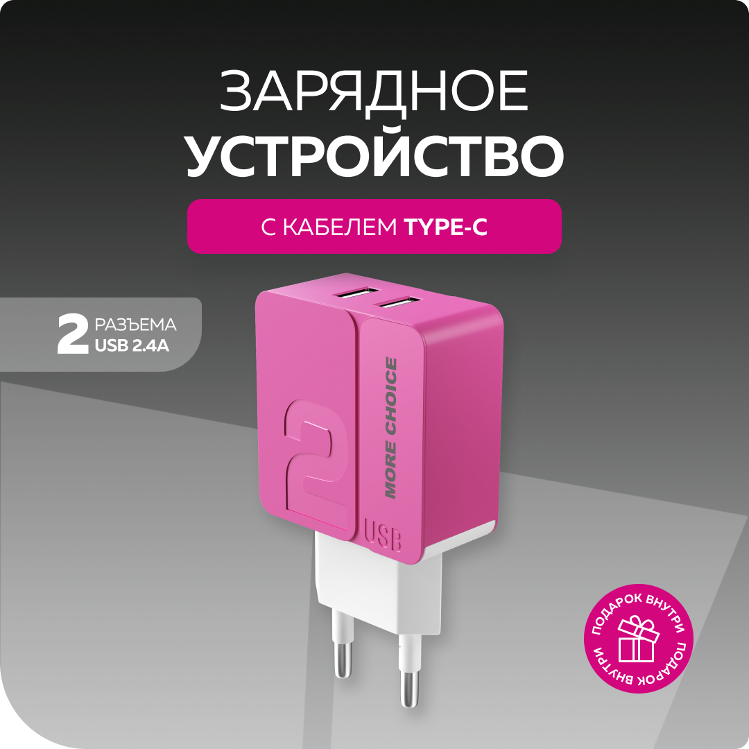 Сетевое зарядное устройство 2USB 2.4A в комплекте с дата-кабелем Type-C More choice NC46a 1м Pink