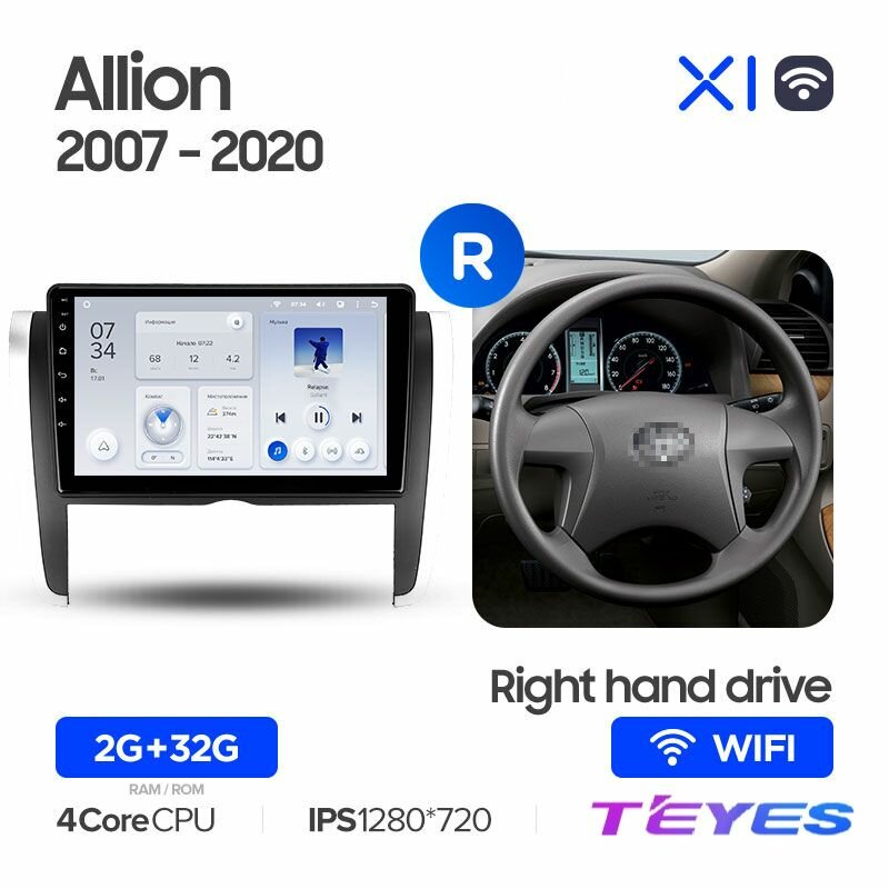 Магнитола Toyota Allion T260 2007 - 2020 (Right hand driver) Teyes X1 Wi-Fi 2/32GB, штатная магнитола, 4-ёх ядерный процессор, IPS экран, Wi-Fi, 2 DIN