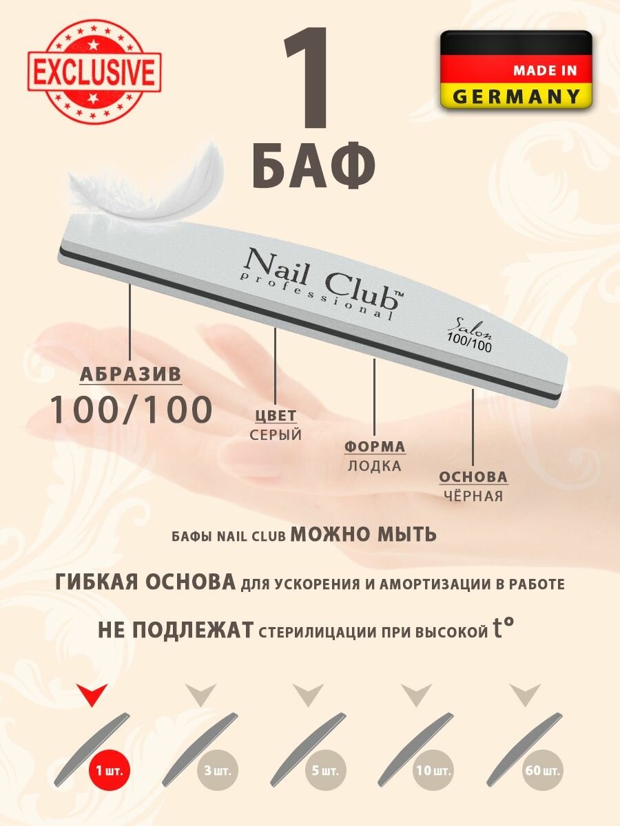 Nail Club professional Маникюрный баф для шлифовки ногтей серый, серия Salon, форма лодка, абразив 100/100, 1 шт.