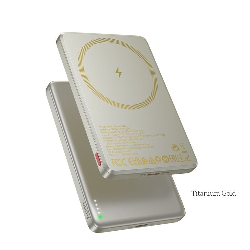 Внешний магнитный беспроводной аккумулятор Hoco Joy Alluminium, 5000 mAh, Qi15W/PD20W, Titanium Gold