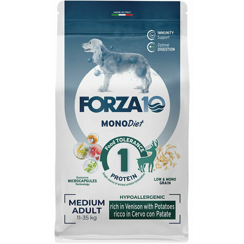 FORZA10 DOG MEDIUM MONODIET LOW GRAIN монобелковый для взрослых собак средних пород при аллергии с олениной и картофелем (1,5 кг)