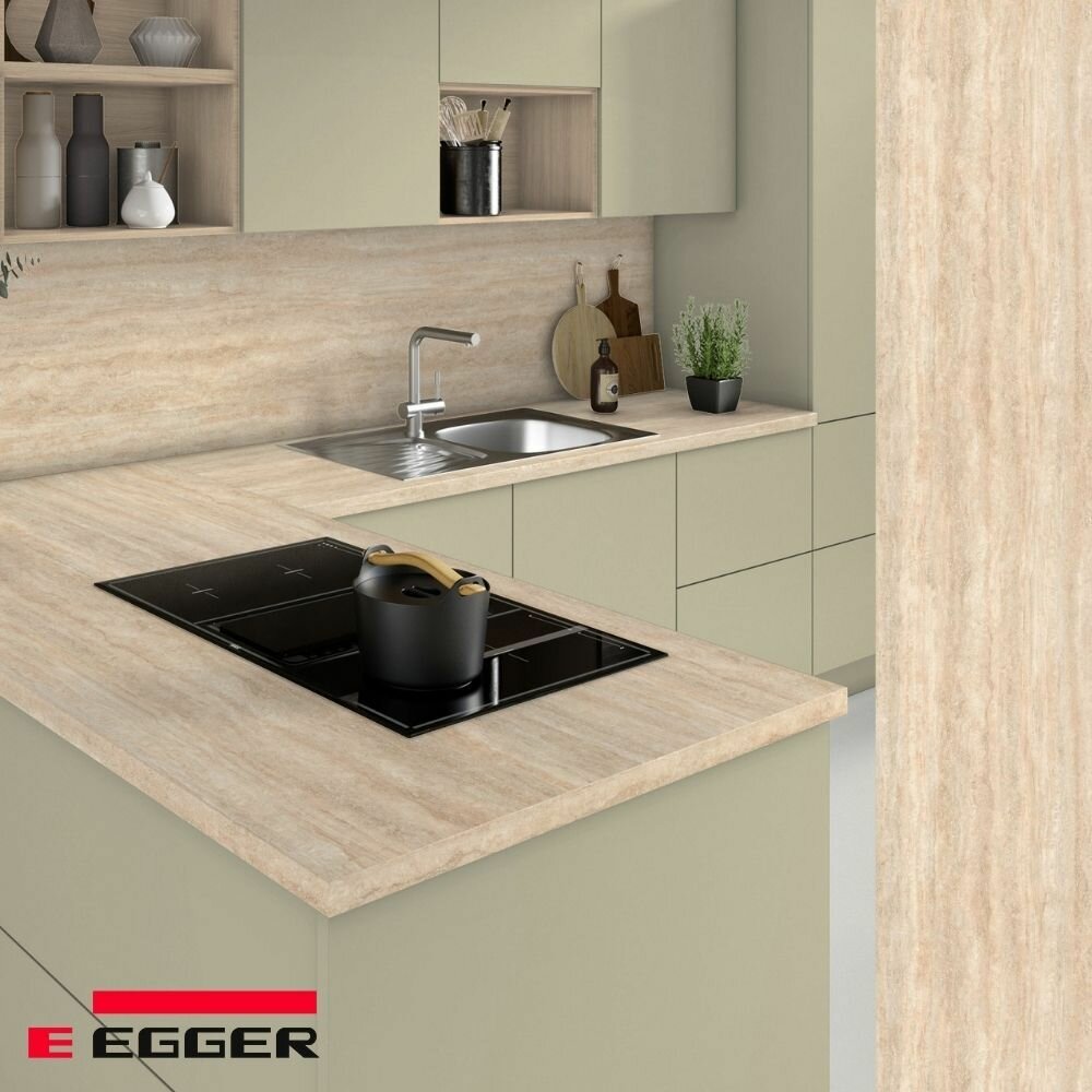 Столешница для кухни Egger 2700х600x38мм с торцевыми планками. Цвет - Травертин Маргарита