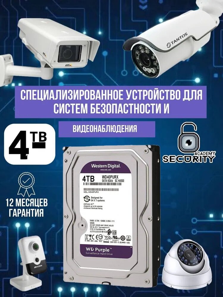 4 ТБ Внутренний жесткий диск Western Digital Purple 3.5" 5400 (WD40PURX)