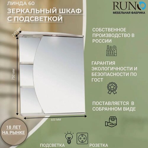 Изображение товара Шкаф в ванную с зеркалом Runo Линда 60, с подсветкой, правый