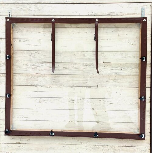 Изображение товара Мягкое окно с креплением на ремешках 150см (в) х300см (ш)- для беседки, веранды, террасы (коричневая окантовка)