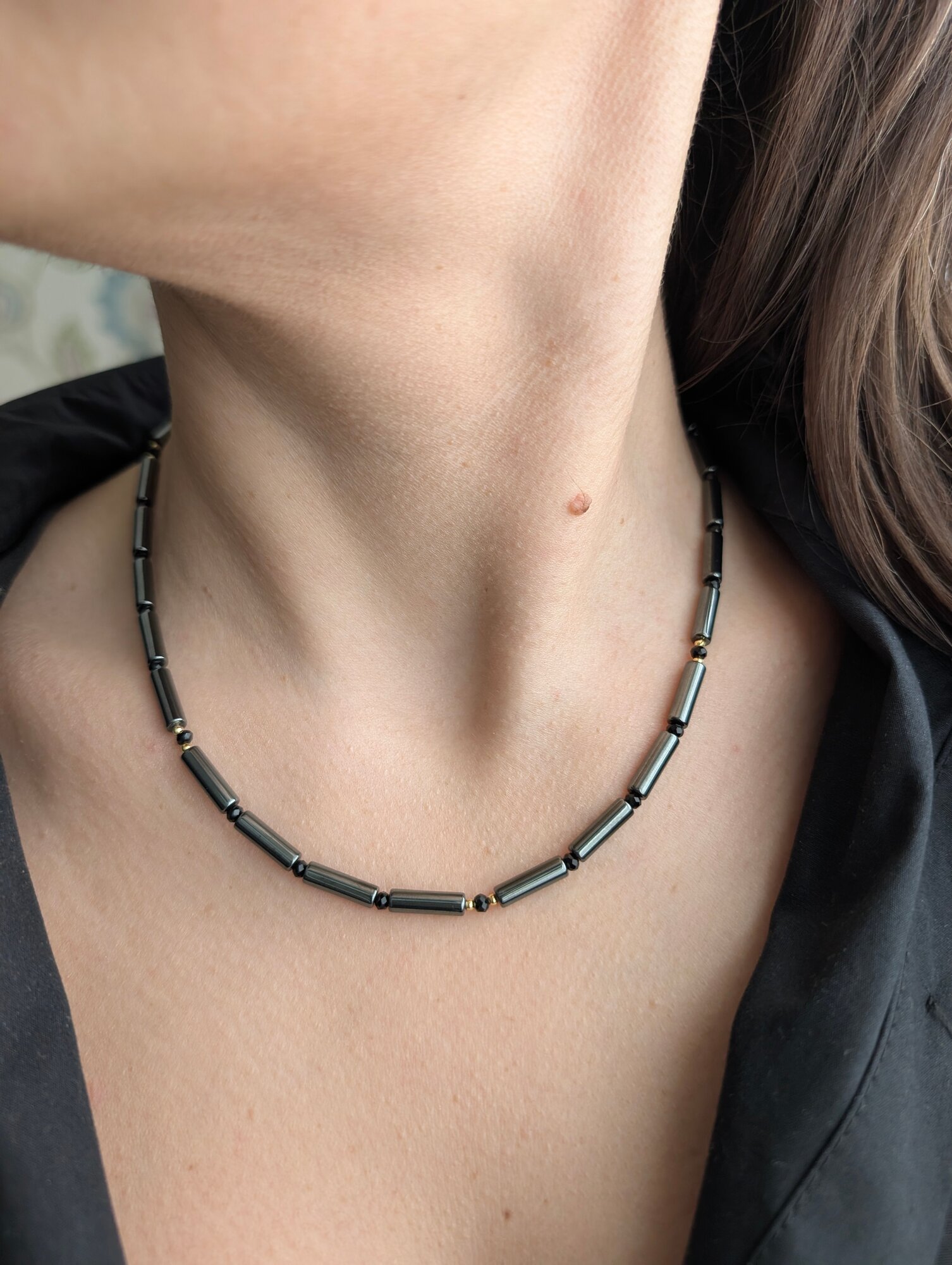 Колье LAVANDER bijou, гематит, минеральное стекло, длина 44 см, золотой, черный