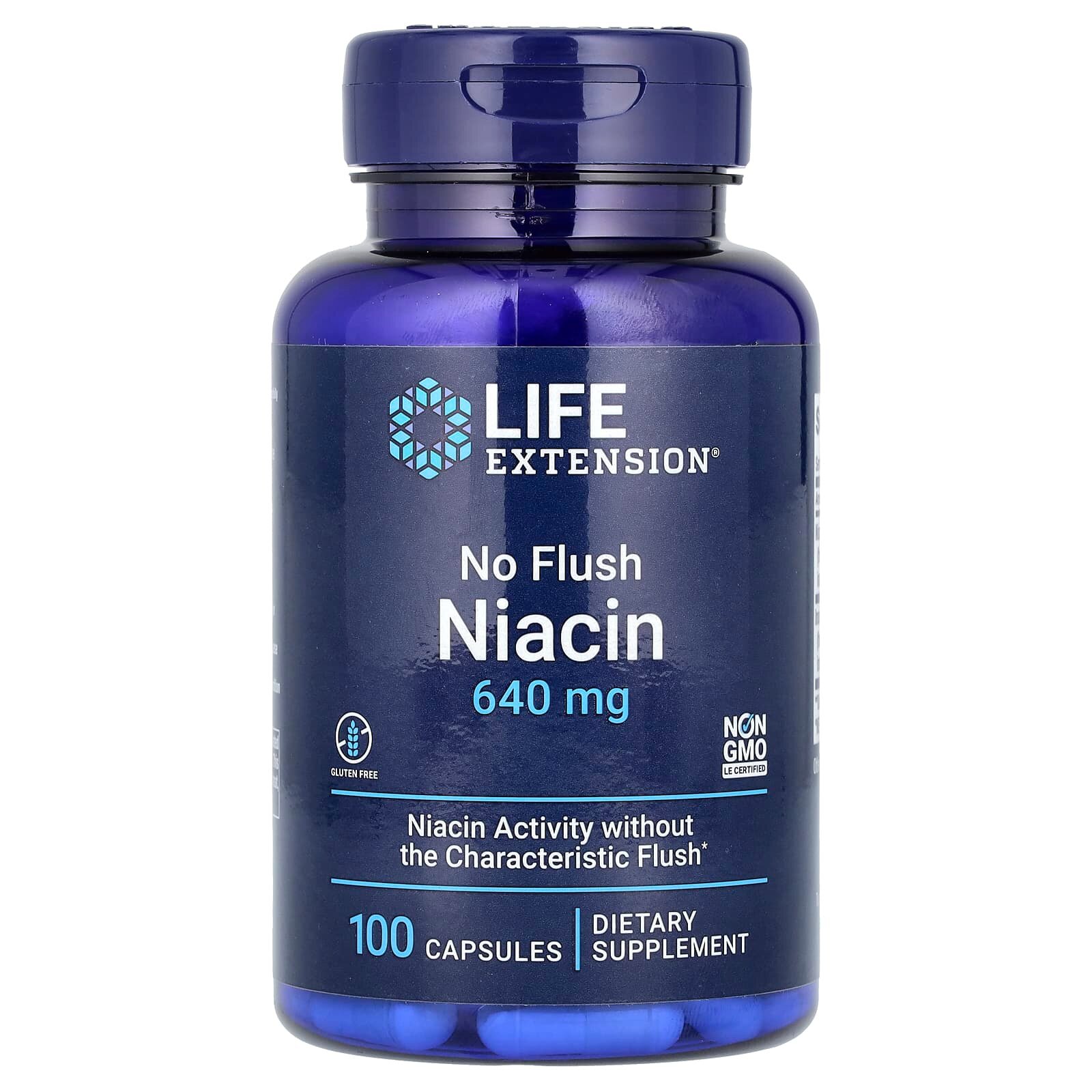 Ниацин без приливов, Life Extension No Flush Niacin, 640 мг, 100 капсул